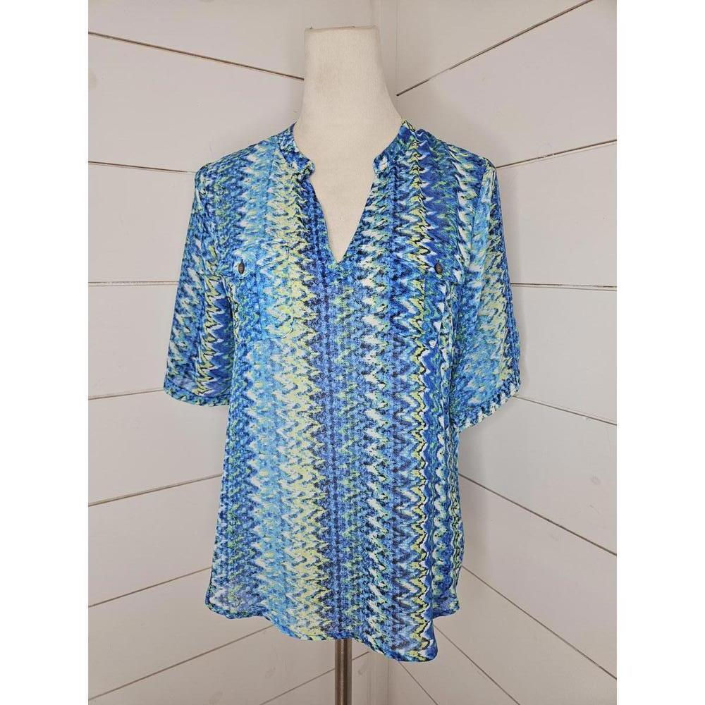 Two by Vince Camuto small blue & white with green sheer blouse